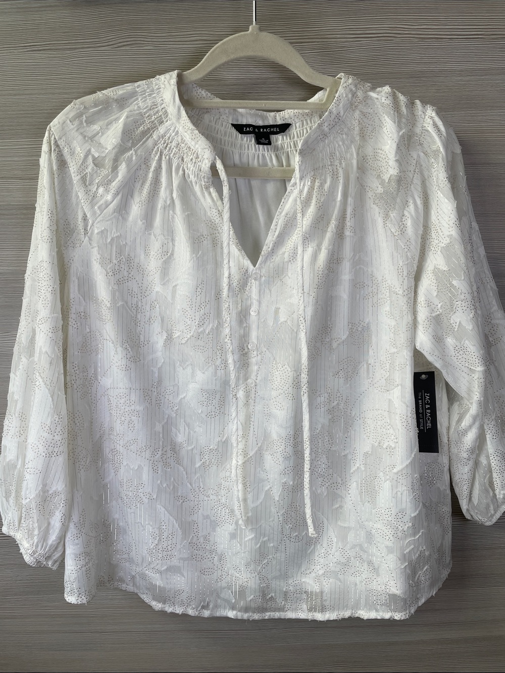 Zac & Rachel NEW Peasant Blouse White Metallic Silver Thread & Gold Leaves Small